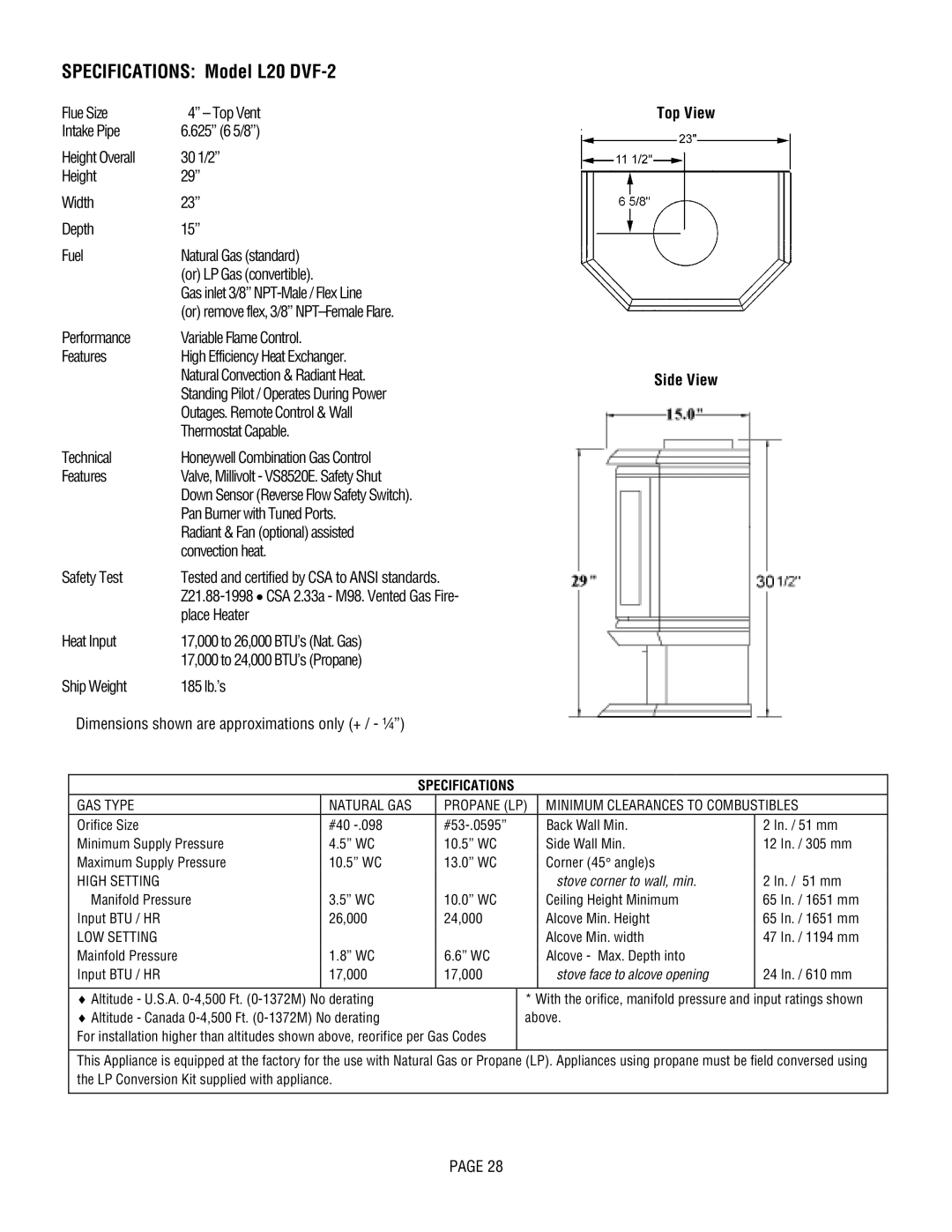 Lennox Hearth L20 BF-2 manual Specifications Model L20 DVF-2 