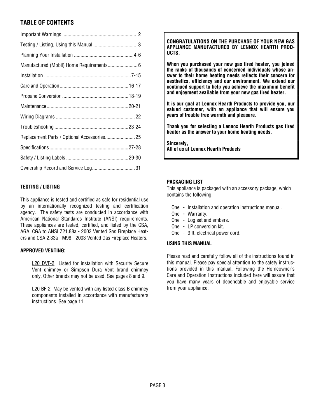 Lennox Hearth L20 BF-2, L20 DVF-2 manual Table of Contents 