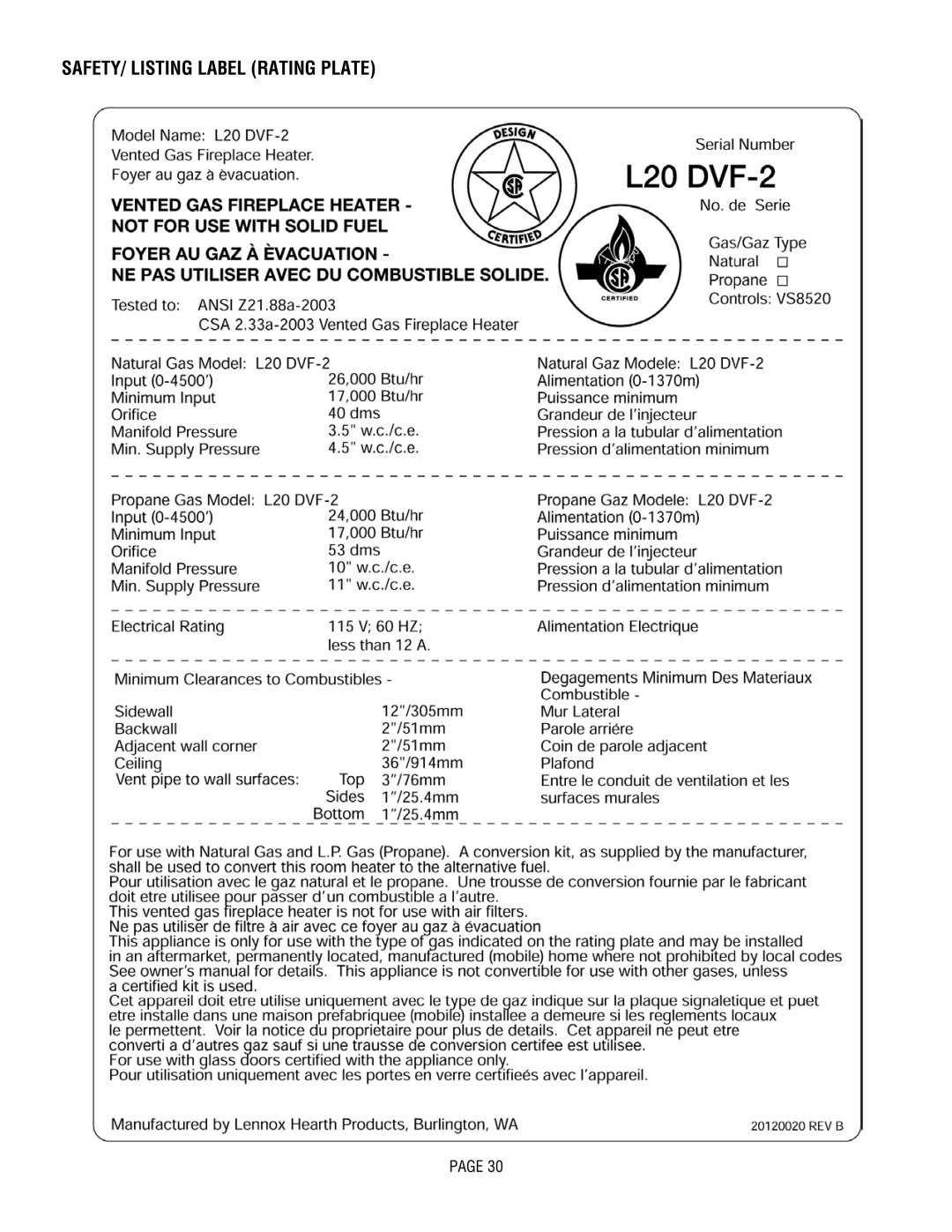 Lennox Hearth L20 DVF-2, L20 BF-2 manual SAFETY/ Listing Label Rating Plate 