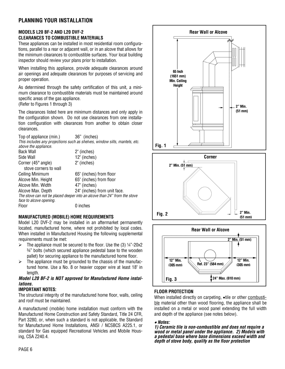 Lennox Hearth L20 DVF-2, L20 BF-2 manual Manufactured Mobile Home Requirements, Important Notes, Rear Wall or Alcove, Corner 