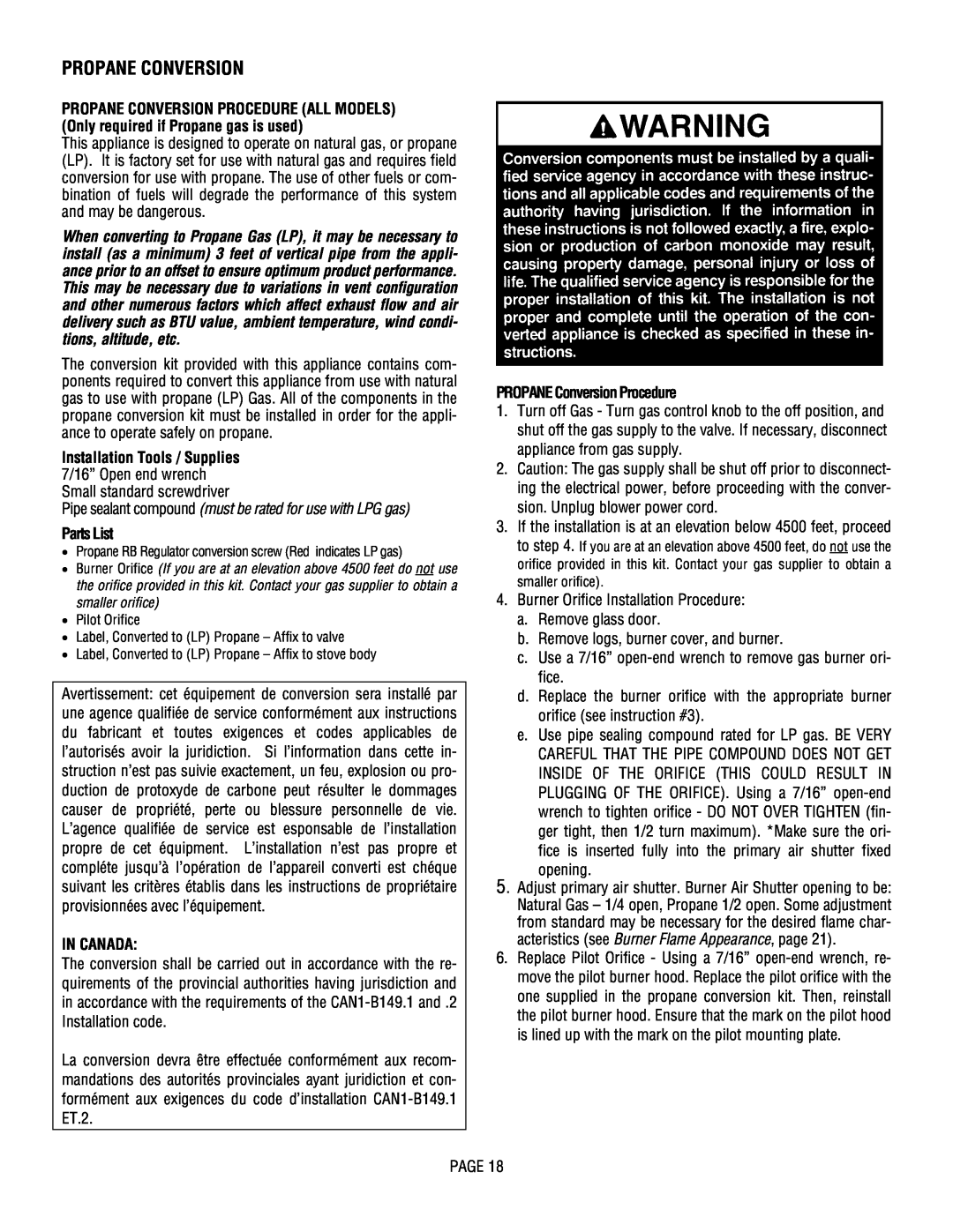 Lennox Hearth L20 DVF-2, L20 BF-2 manual Propane Conversion, Parts List, In Canada, PROPANE Conversion Procedure 