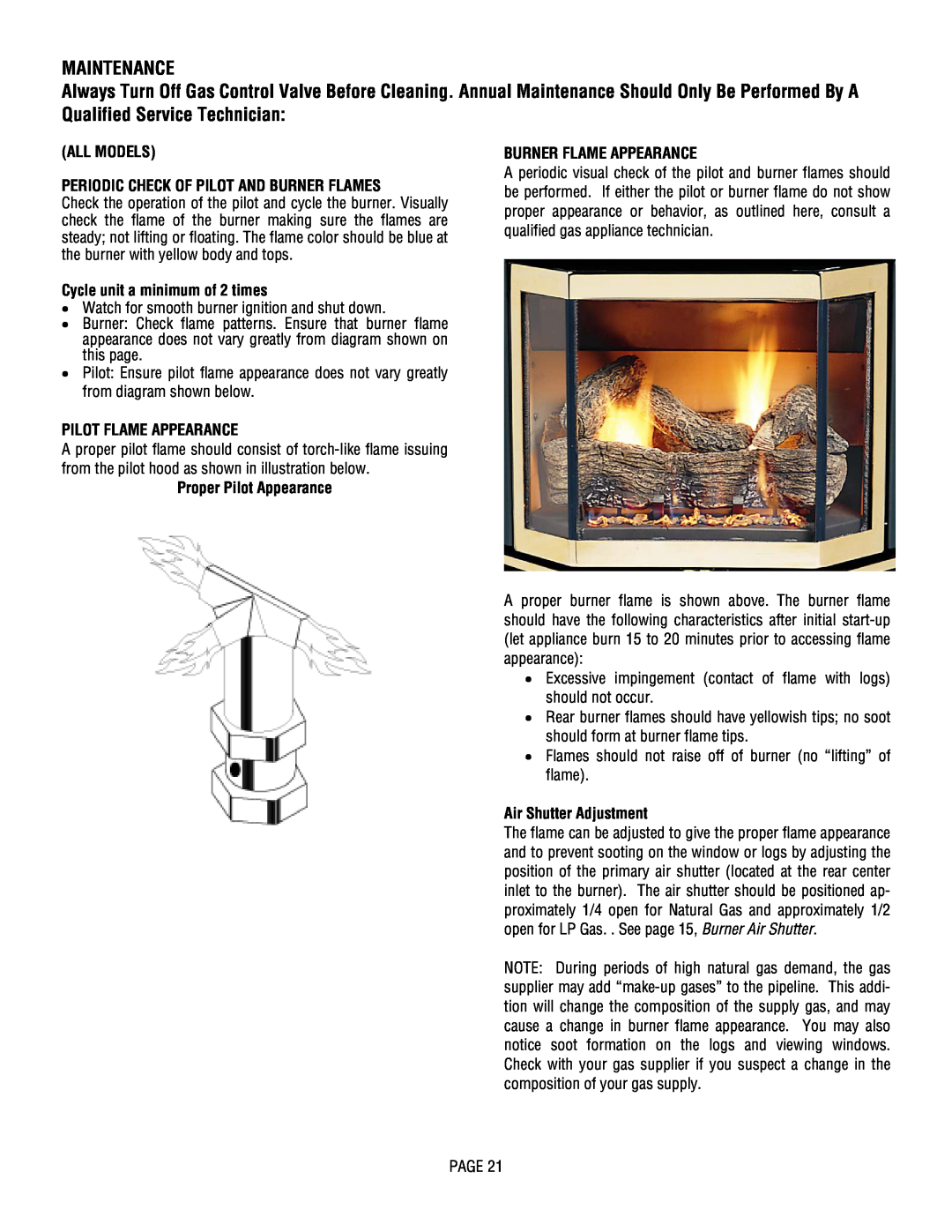 Lennox Hearth L20 BF-2 Maintenance, All Models, Periodic Check Of Pilot And Burner Flames, Cycle unit a minimum of 2 times 