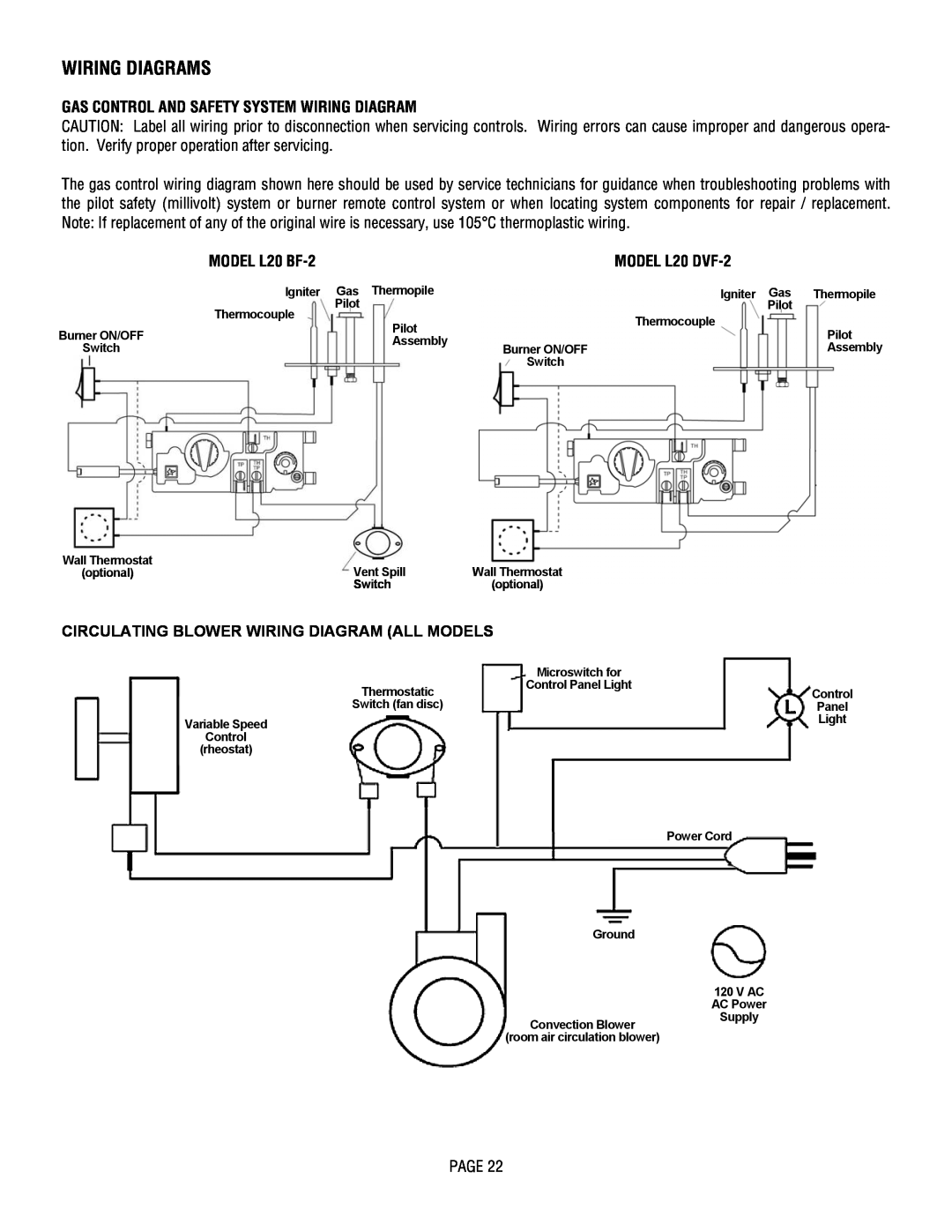 Lennox Hearth manual Wiring Diagrams, Gas Control And Safety System Wiring Diagram, MODEL L20 BF-2, MODEL L20 DVF-2 