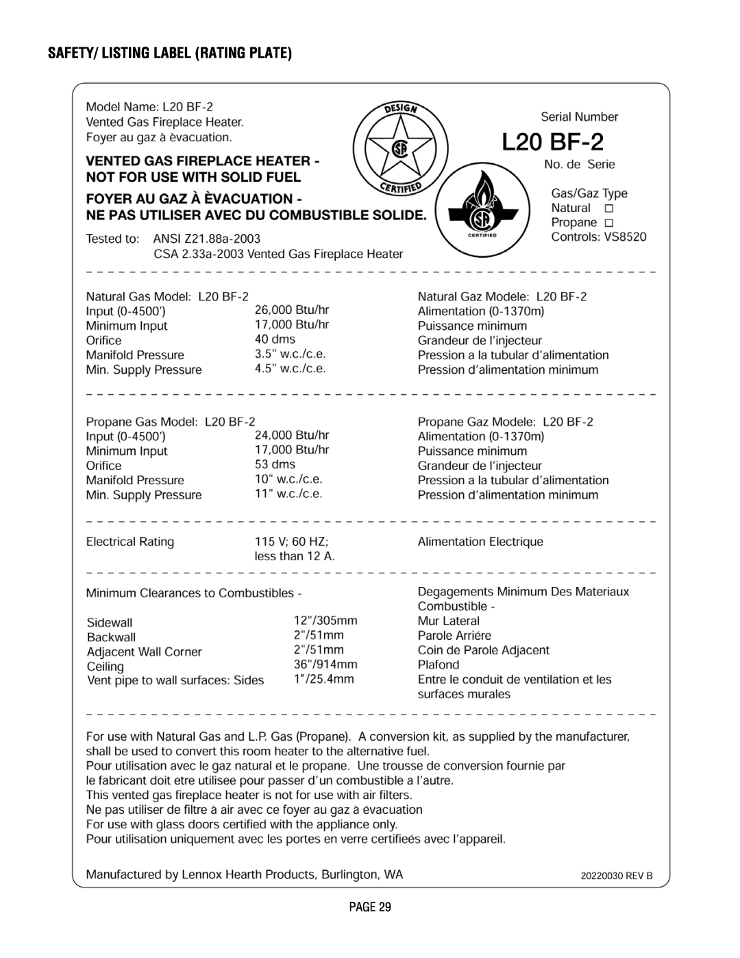 Lennox Hearth L20 BF-2, L20 DVF-2 manual Safety/ Listing Label Rating Plate, Page 