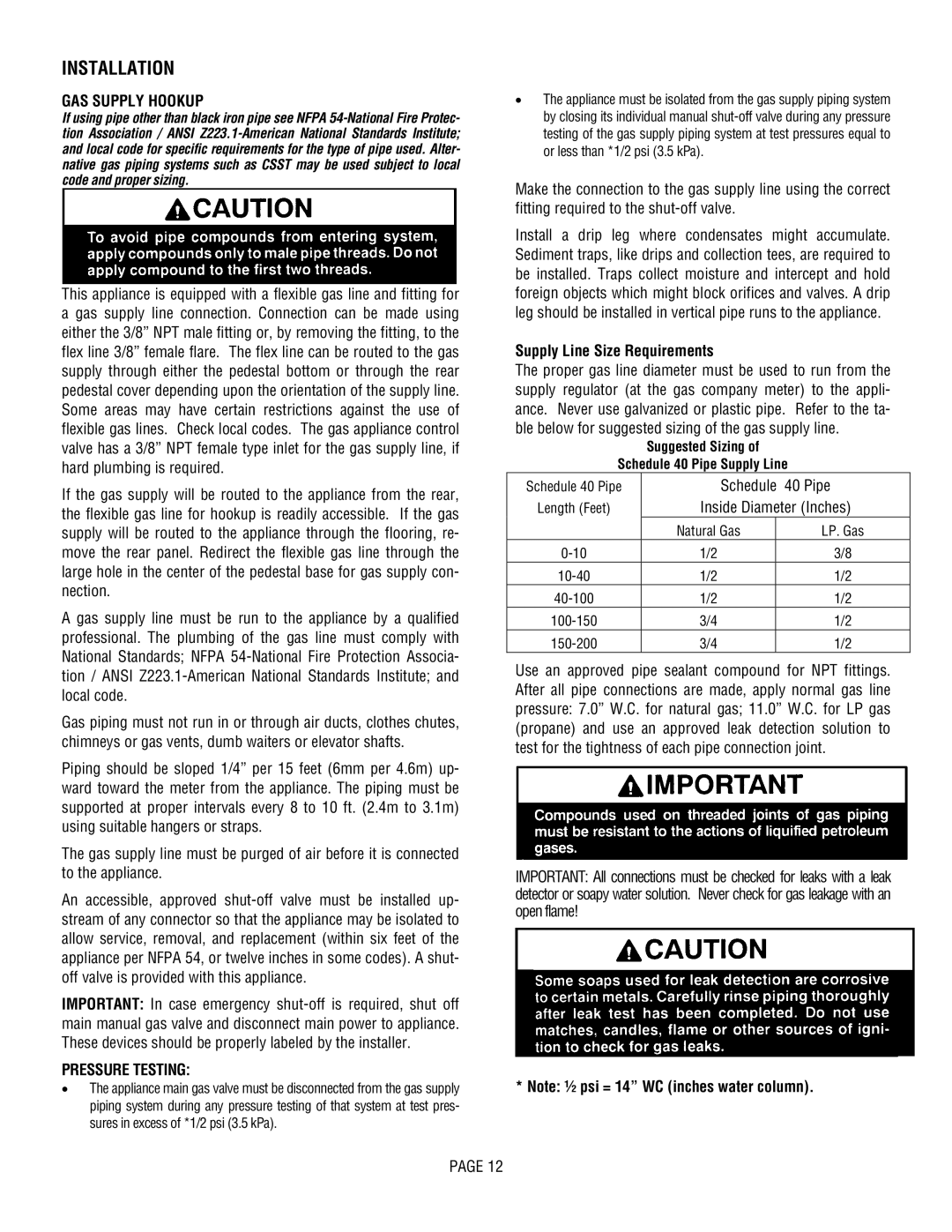 Lennox Hearth L30 DVF-2 operation manual GAS Supply Hookup, Pressure Testing, Supply Line Size Requirements 