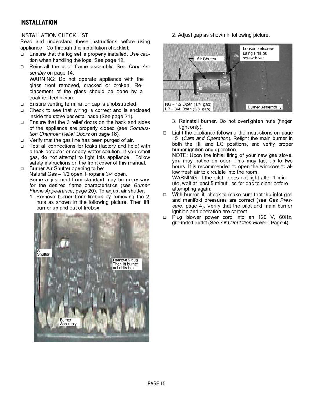 Lennox Hearth L30 DVF-2 operation manual Installation Check List, Adjust gap as shown in following picture 