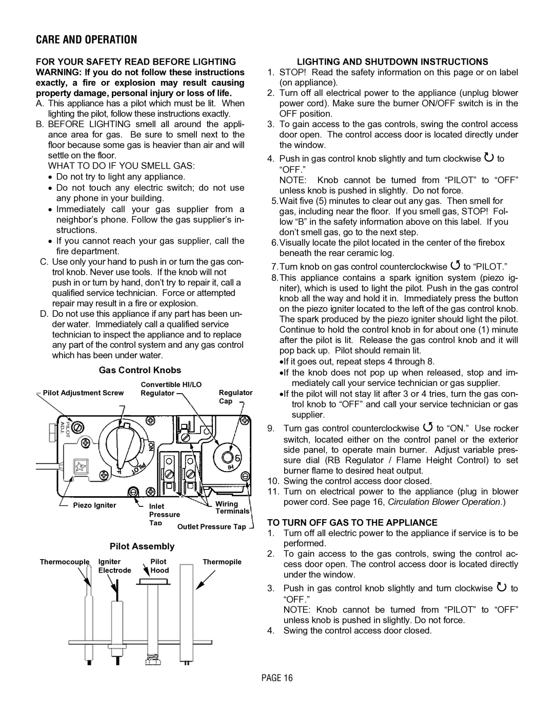 Lennox Hearth L30 DVF-2 Care and Operation, Gas Control Knobs, Pilot Assembly, Lighting and Shutdown Instructions 