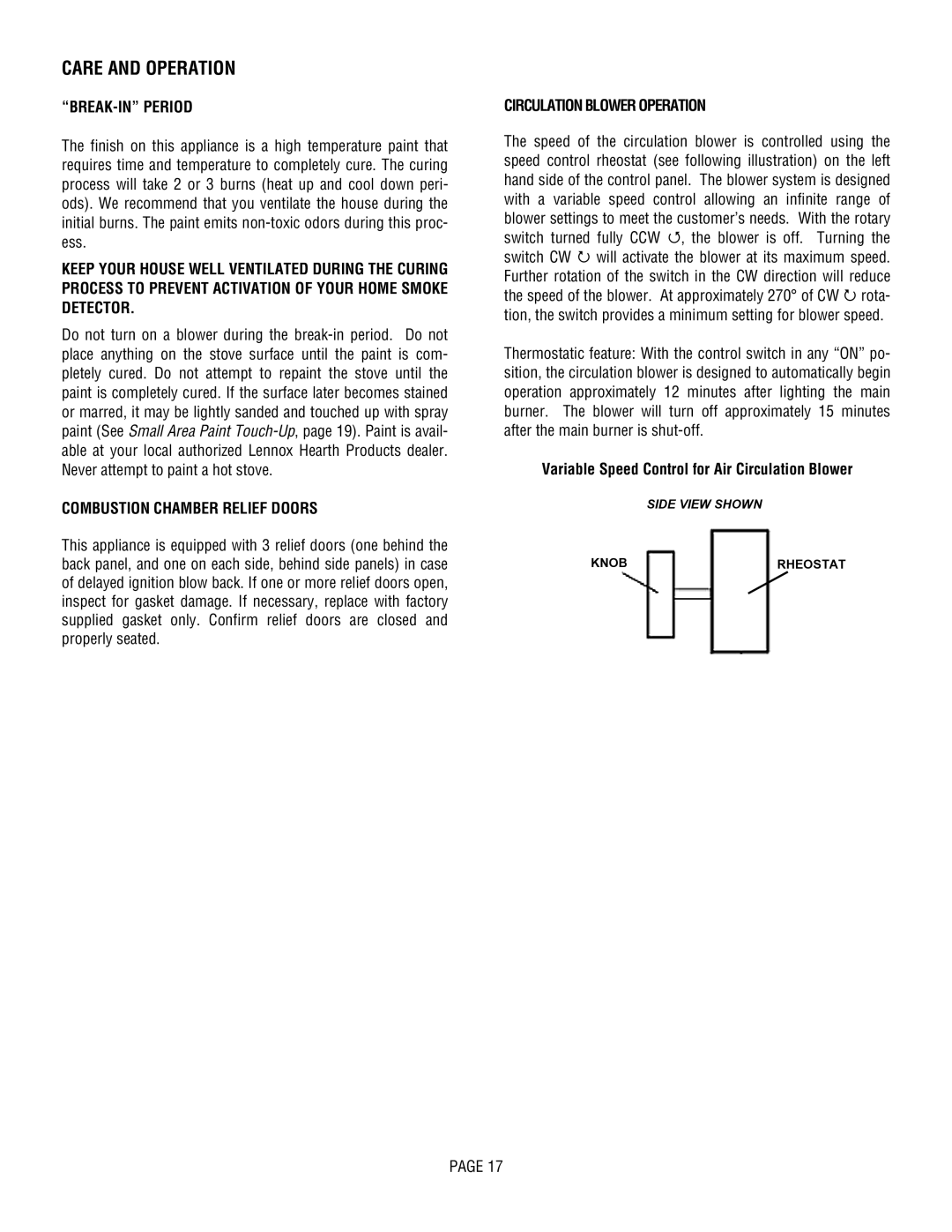 Lennox Hearth L30 DVF-2 operation manual BREAK-IN Period, Combustion Chamber Relief Doors, Circulation Blower Operation 