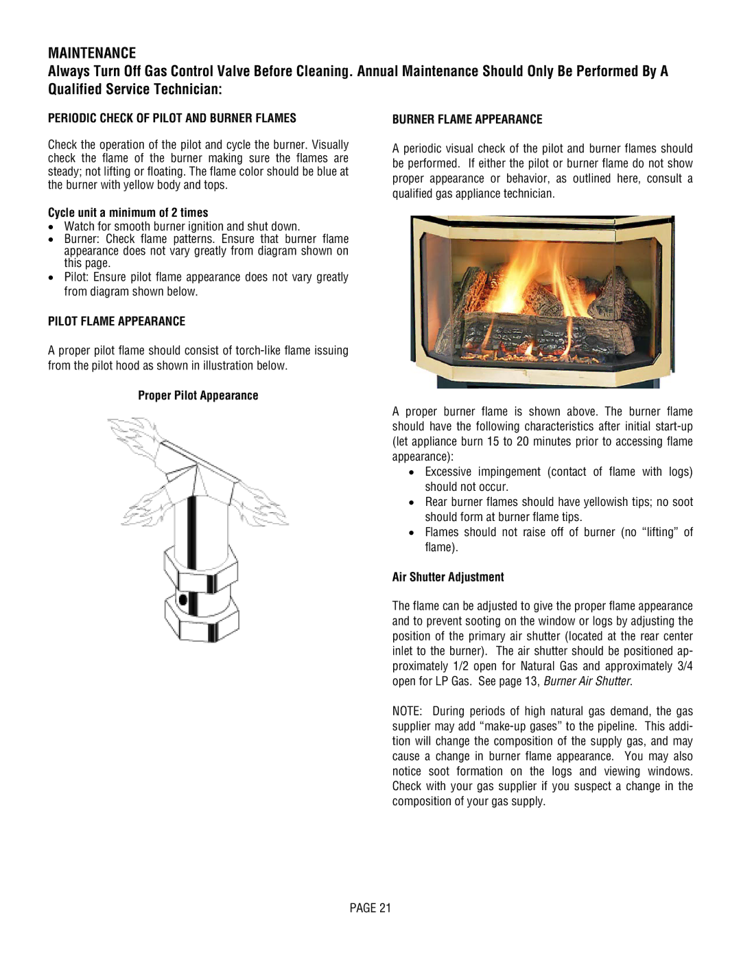 Lennox Hearth L30 DVF-2 Periodic Check of Pilot and Burner Flames, Cycle unit a minimum of 2 times, Pilot Flame Appearance 