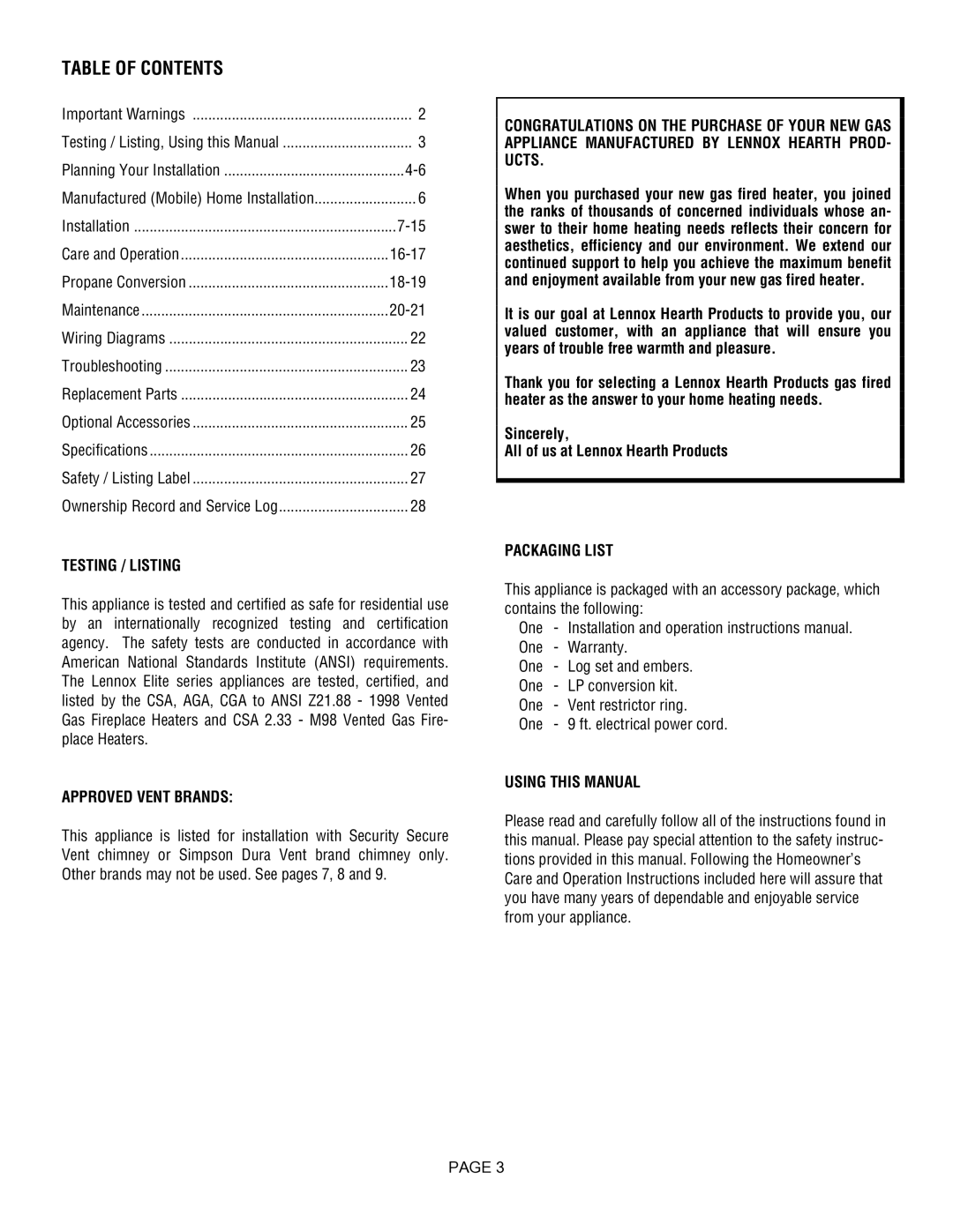 Lennox Hearth L30 DVF-2 operation manual Table of Contents 