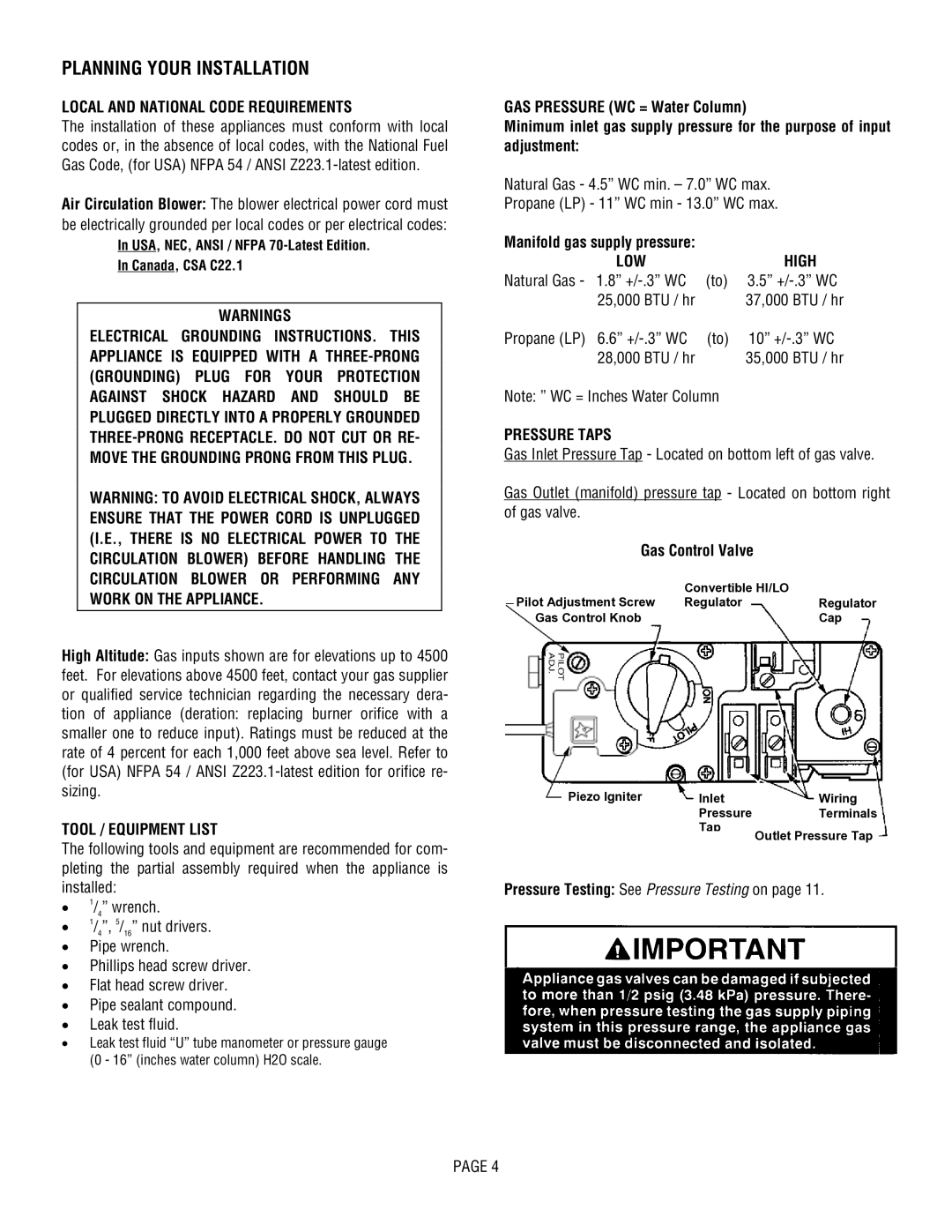 Lennox Hearth L30 DVF-2 Planning Your Installation, Local and National Code Requirements, Tool / Equipment List, LOW High 