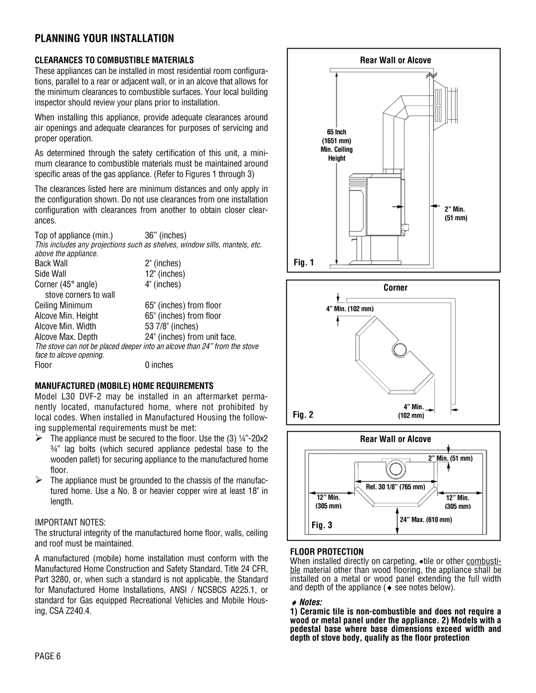 Lennox Hearth L30 DVF-2 Clearances to Combustible Materials, Manufactured Mobile Home Requirements, Rear Wall or Alcove 