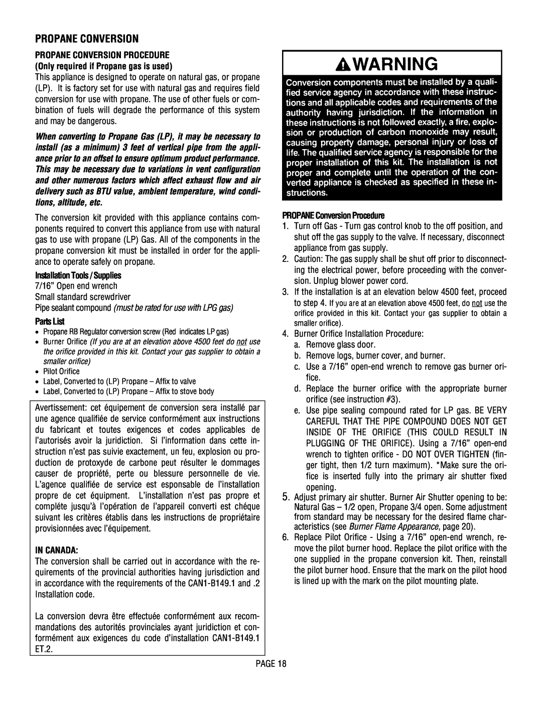Lennox Hearth L30 DVF-2 operation manual Propane Conversion, Parts List, In Canada, PROPANE Conversion Procedure 
