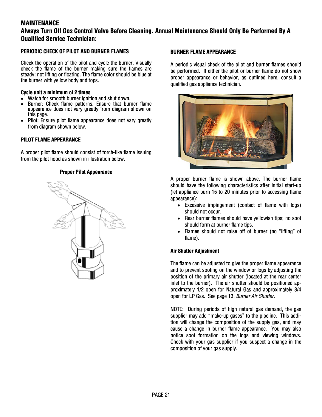 Lennox Hearth L30 DVF-2 Maintenance, Periodic Check Of Pilot And Burner Flames, Cycle unit a minimum of 2 times 