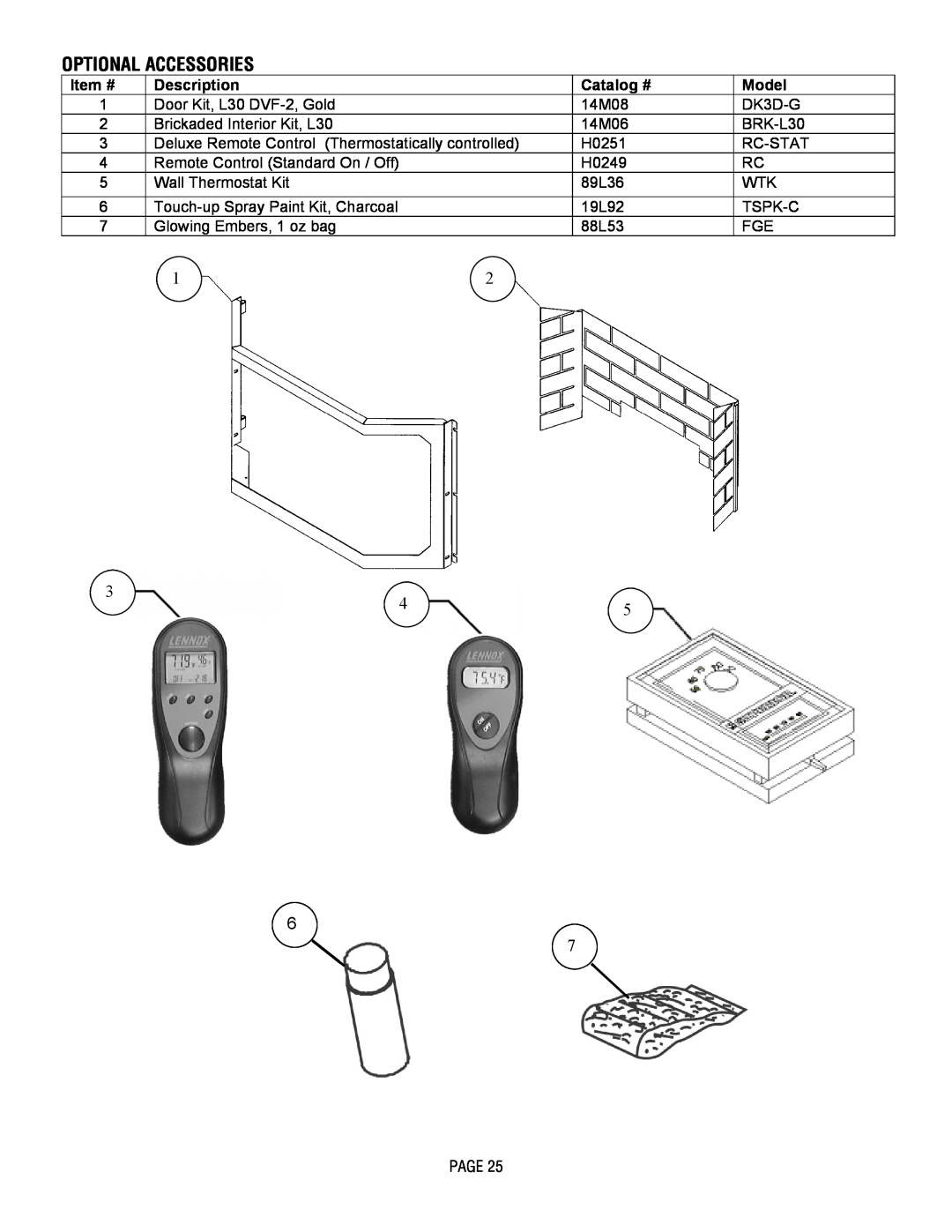 Lennox Hearth L30 DVF-2 operation manual Optional Accessories, Item #, Description, Catalog #, Model 
