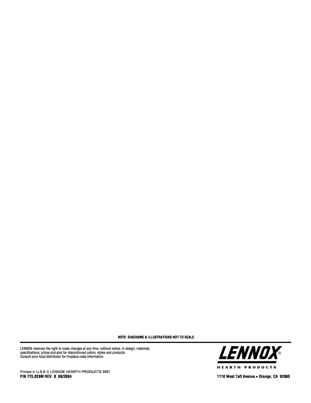 Lennox Hearth L30 DVF-2 operation manual P/N 775,029M REV. B 08/2004, Note Diagrams & Illustrations Not To Scale 