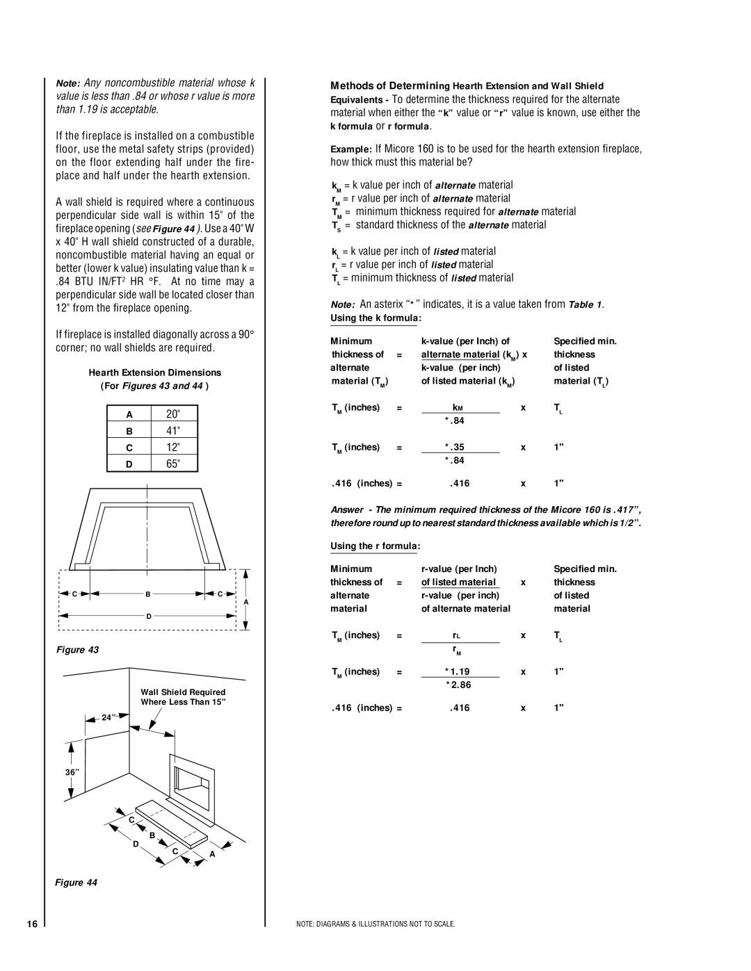 Lennox Hearth LA41TCF Hearth Extension Dimensions, Methods of Determining Hearth Extension and Wall Shield, Thickness 