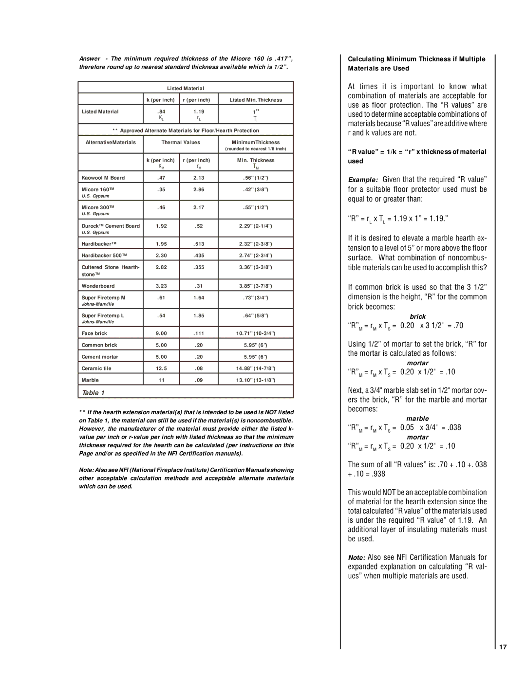 Lennox Hearth LA41CF, LA41TCF installation instructions Calculating Minimum Thickness if Multiple Materials are Used 