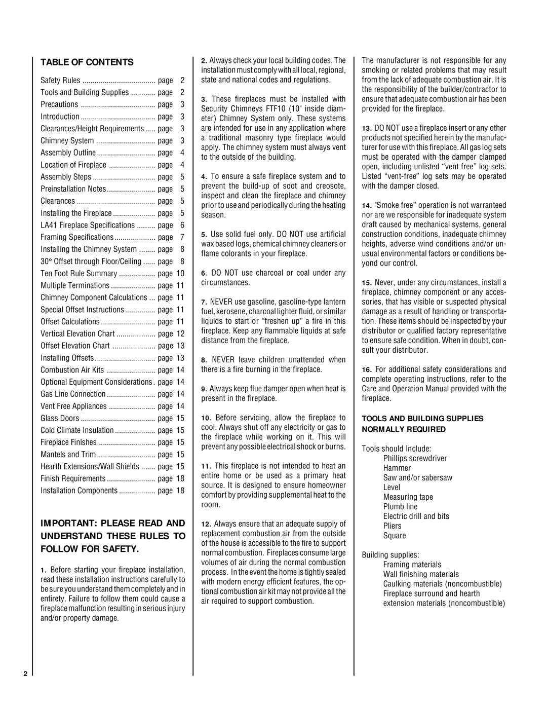 Lennox Hearth LA41TCF, LA41CF installation instructions Table of Contents 