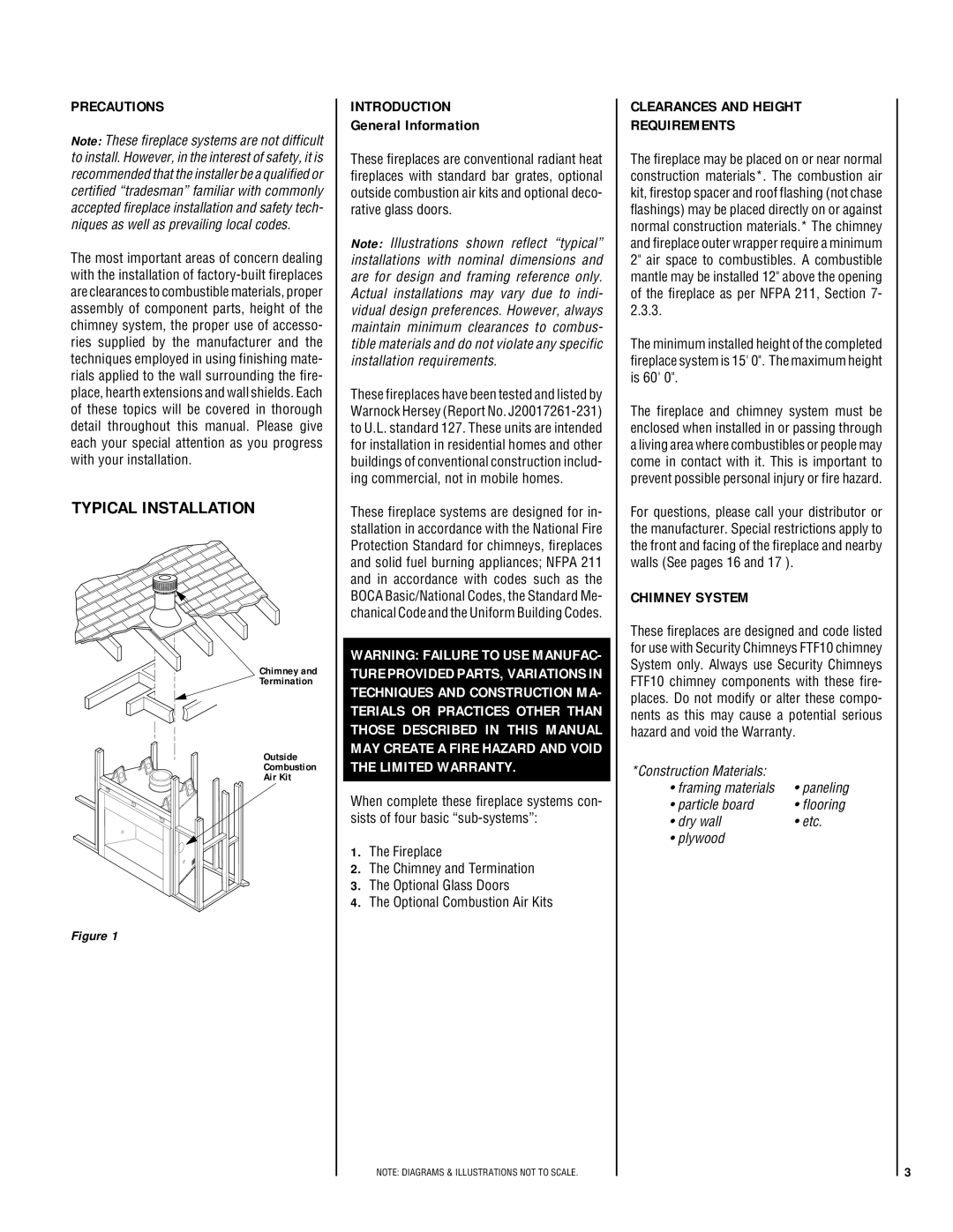 Lennox Hearth LA41CF Typical Installation, Precautions, Introduction, Clearances and Height Requirements, Chimney System 