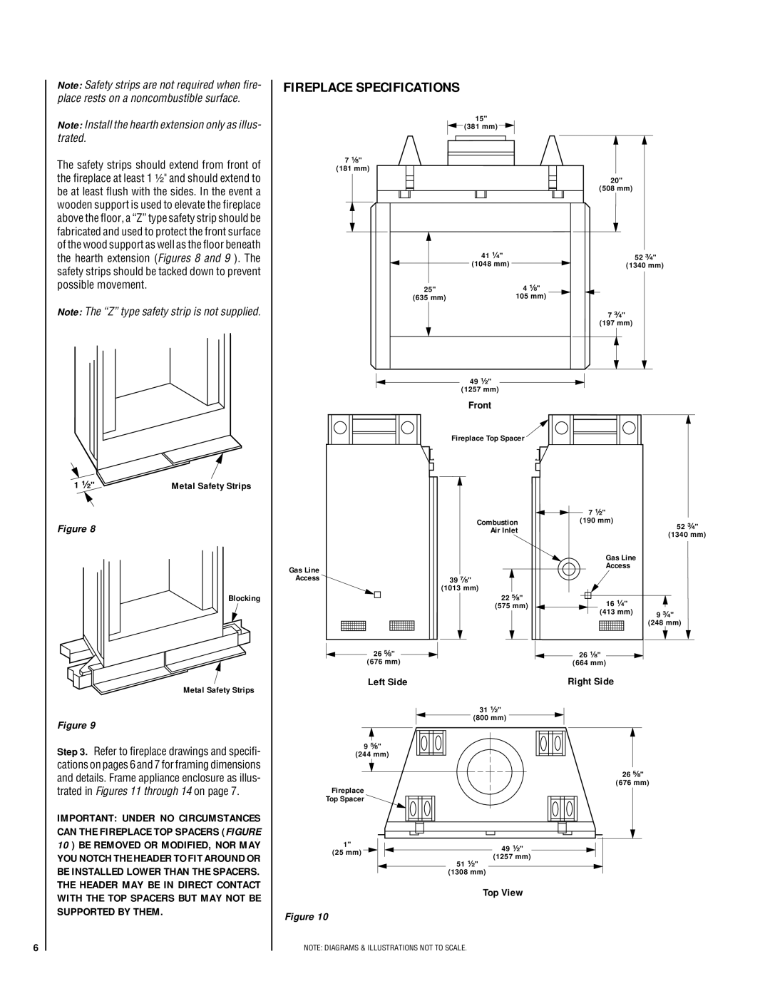 Lennox Hearth LA41TCF, LA41CF Fireplace Specifications, Front, Left Side, Top View, Blocking Metal Safety Strips 