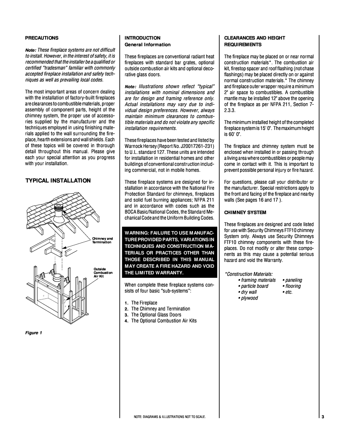 Lennox Hearth LA41CF Typical Installation, Precautions, INTRODUCTION General Information, Chimney System, flooring 