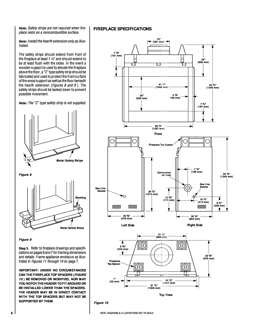 Lennox Hearth LA41TCF, LA41CF Fireplace Specifications, Note The “Z” type safety strip is not supplied 