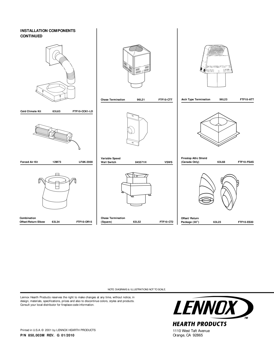 Lennox Hearth LBR-4324-H, LBC-4324-H, LBC-3824-H, LBR-3824 Installation Components, 850,003M REV. G 01/2010, Orange, CA 