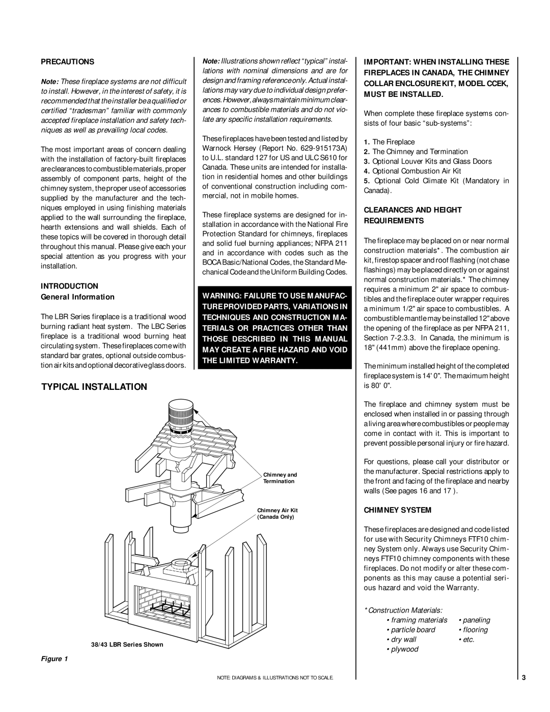 Lennox Hearth LBR-3824 Typical Installation, Precautions, Introduction, Clearances and Height Requirements, Chimney System 