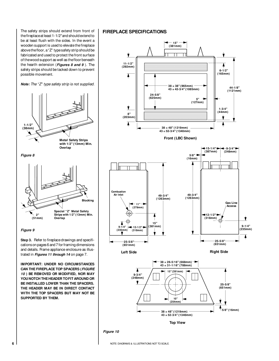 Lennox Hearth LBR-3824-H, LBR-4324-H, LBC-4324-H Fireplace Specifications, Front LBC Shown, Left Side Right Side, Top View 