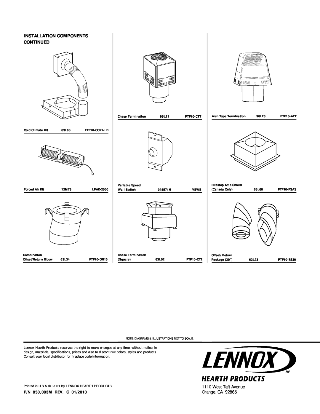Lennox Hearth LBR-4324-H, LBC-4324-H Installation Components Continued, P/N 850,003M REV. G 01/2010, Orange, CA 
