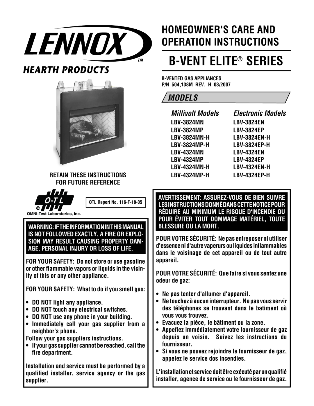 Lennox Hearth LBV-4324MP-H, LBV-3824EN manual Retain These Instructions For Future Reference, Vented GAS Appliances 