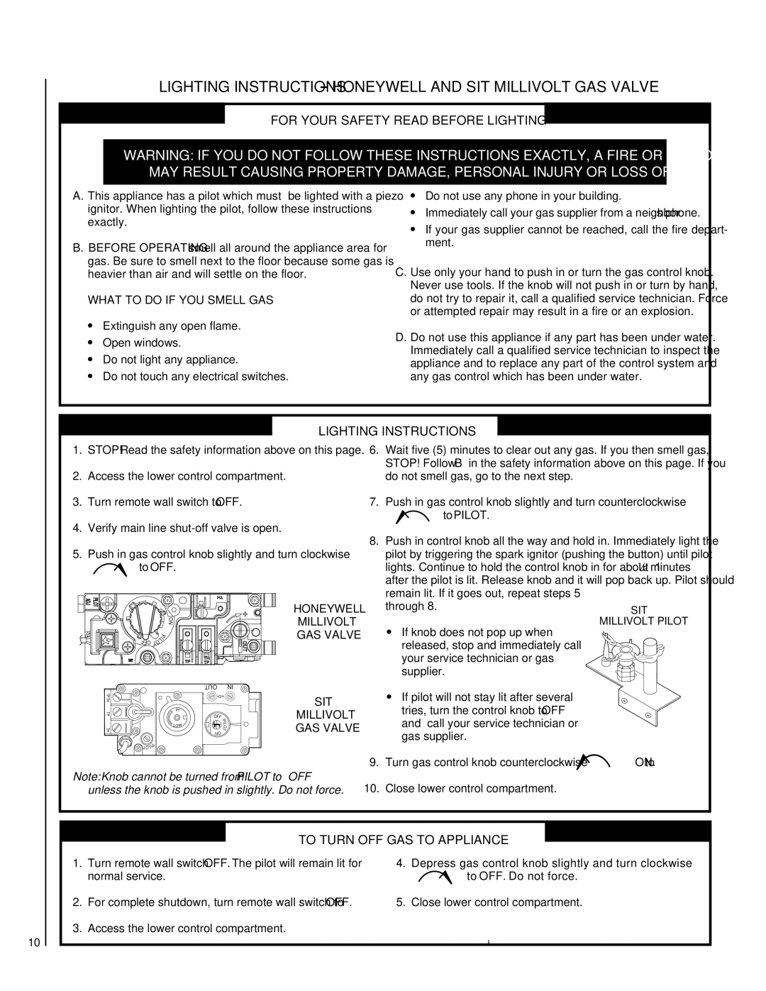 Lennox Hearth LBV-3824MP Lighting Instructions Honeywell and SIT Millivolt GAS Valve, For Your Safety Read Before Lighting 