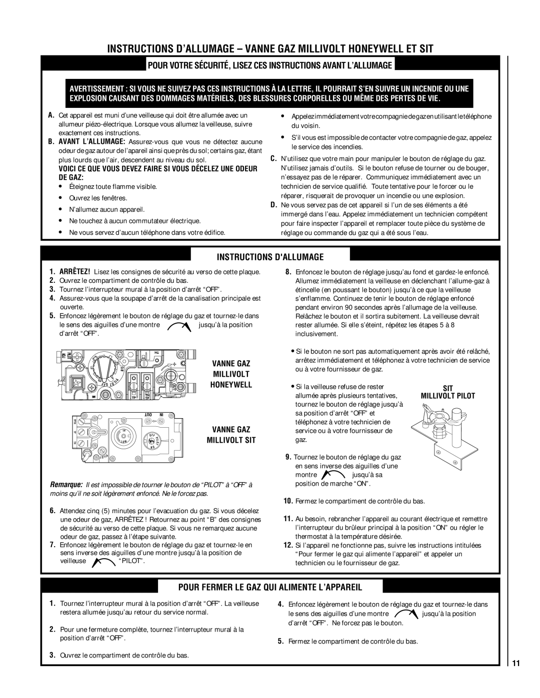 Lennox Hearth LBV-3824MP-H, LBV-3824EN, LBV-4324MP-H Instructions Dallumage, Pour Fermer LE GAZ QUI Alimente L’APPAREIL 