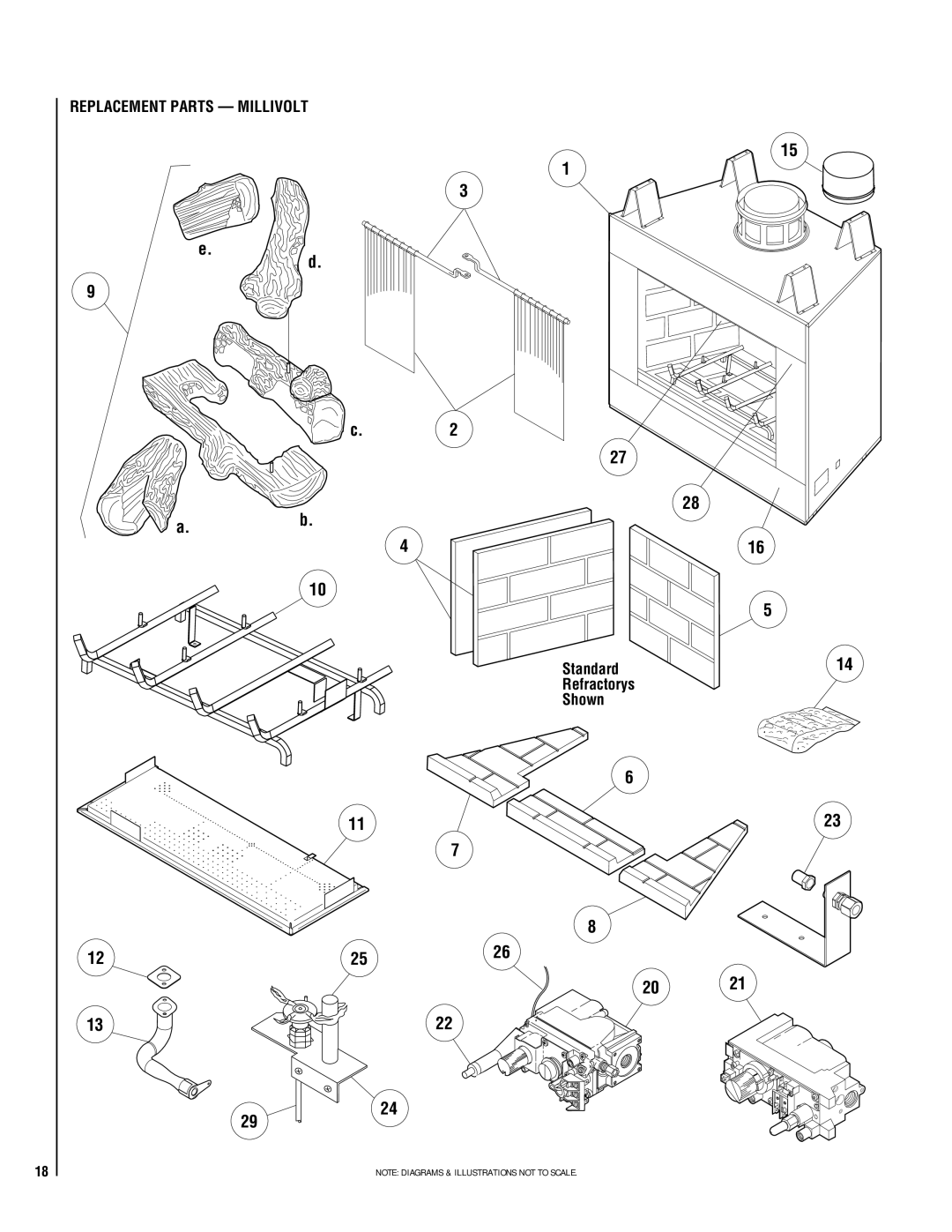 Lennox Hearth LBV-3824EN, LBV-4324MP-H, LBV-4324MN-H, LBV-4324EP Replacement Parts Millivolt, Standard Refractorys Shown 