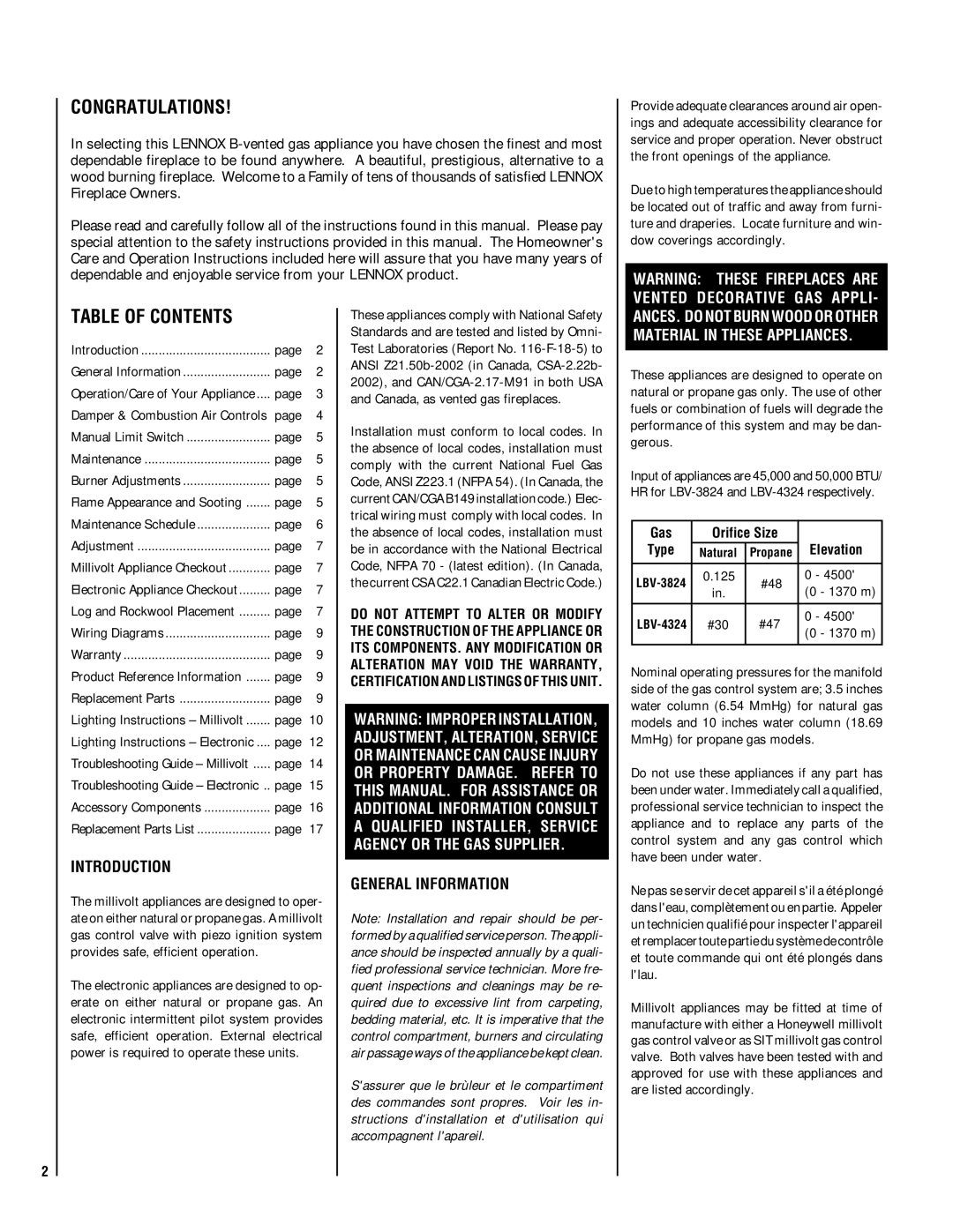 Lennox Hearth LBV-3824EN, LBV-4324MP-H, LBV-4324MN-H, LBV-4324EP, LBV-3824EP-H manual Congratulations, Table of Contents 