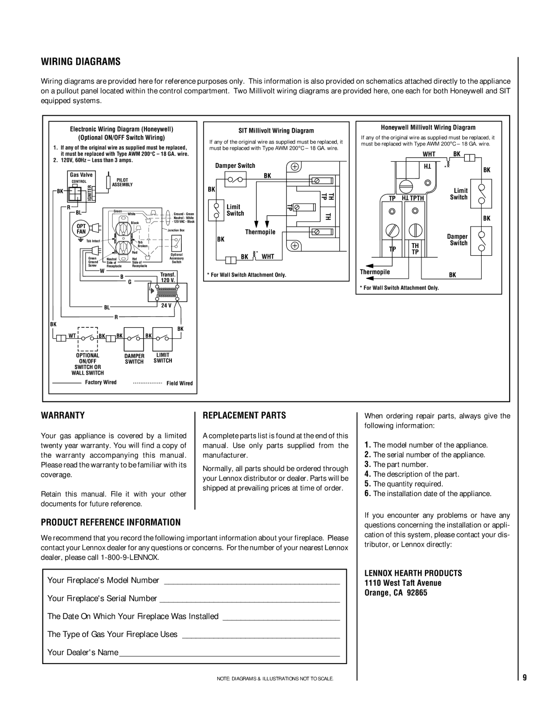 Lennox Hearth LBV-4324EN, LBV-3824EN Warranty, Replacement Parts, Product Reference Information, Lennox Hearth Products 