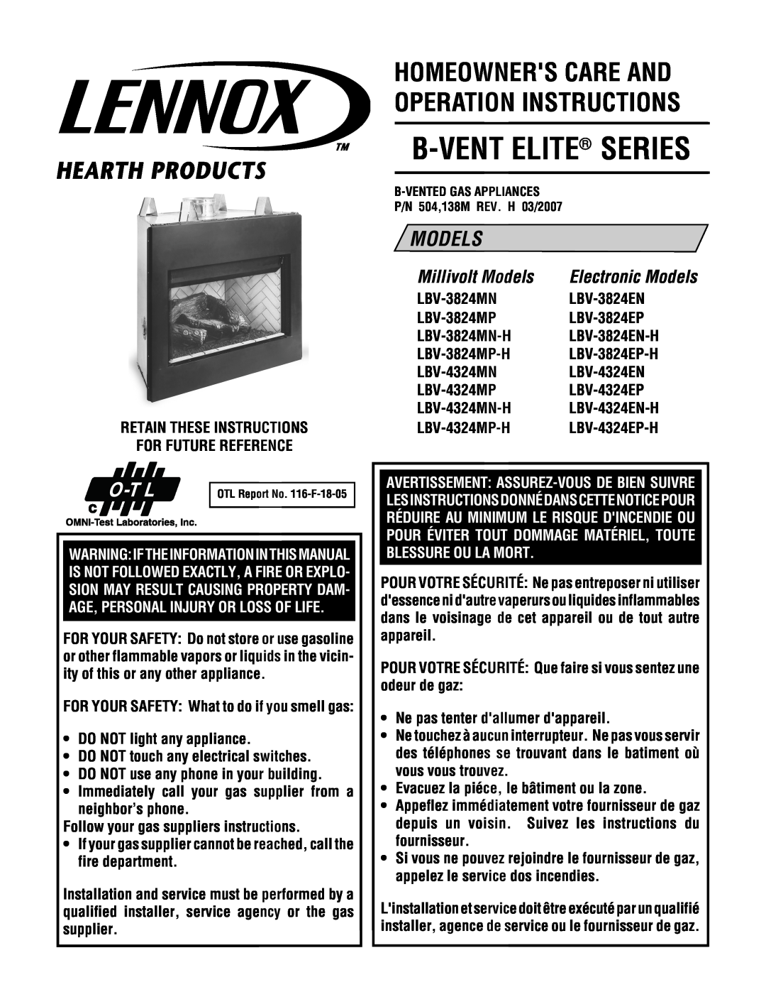 Lennox Hearth LBV-4324MP-H manual B-Ventelite Series, Homeowners Care And Operation Instructions, Millivolt Models 