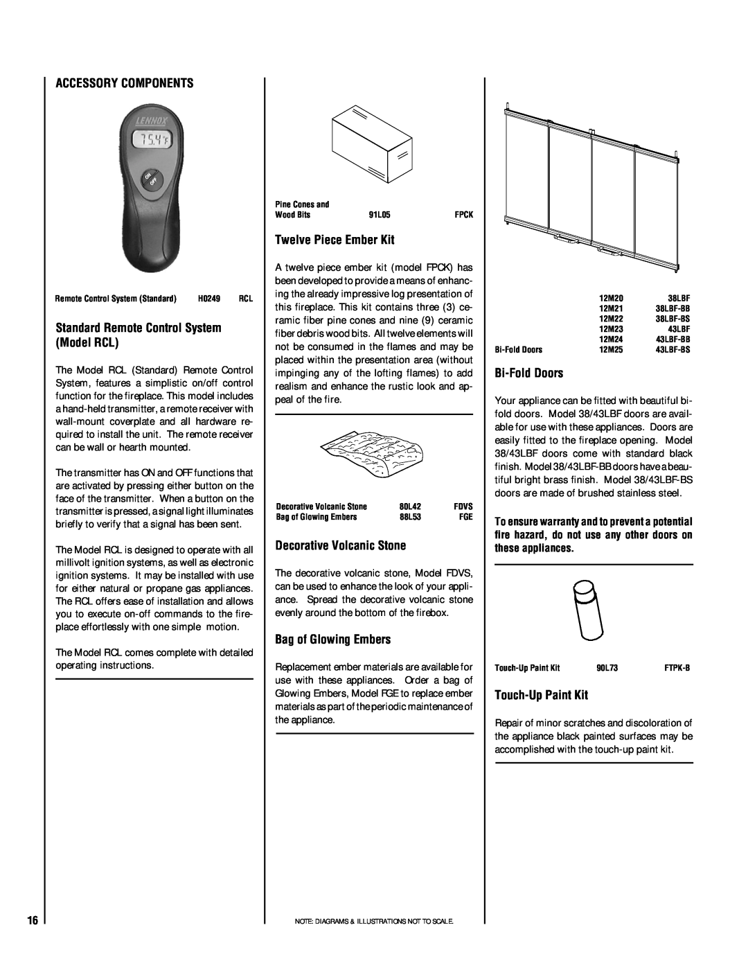 Lennox Hearth LBV-3824EN manual Accessory Components, Standard Remote Control System Model RCL, Twelve Piece Ember Kit 