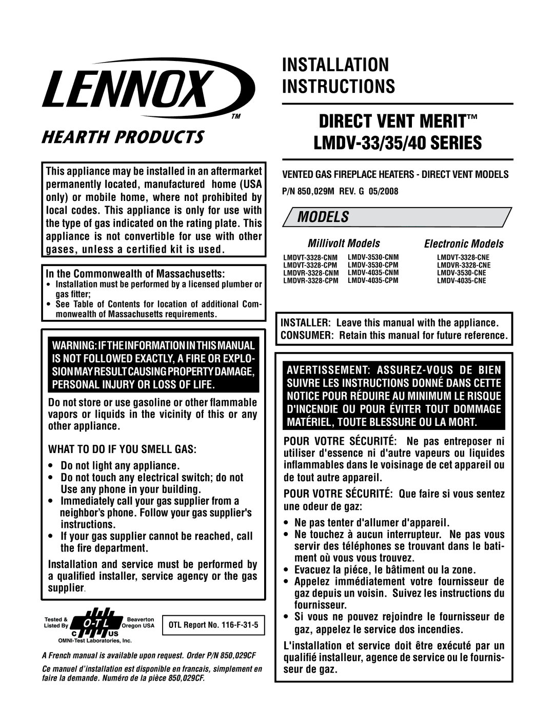 Lennox Hearth LMDVT-3328-CNM, LMDVT-3328-CPM installation instructions Vented GAS Fireplace Heaters Direct Vent Models 