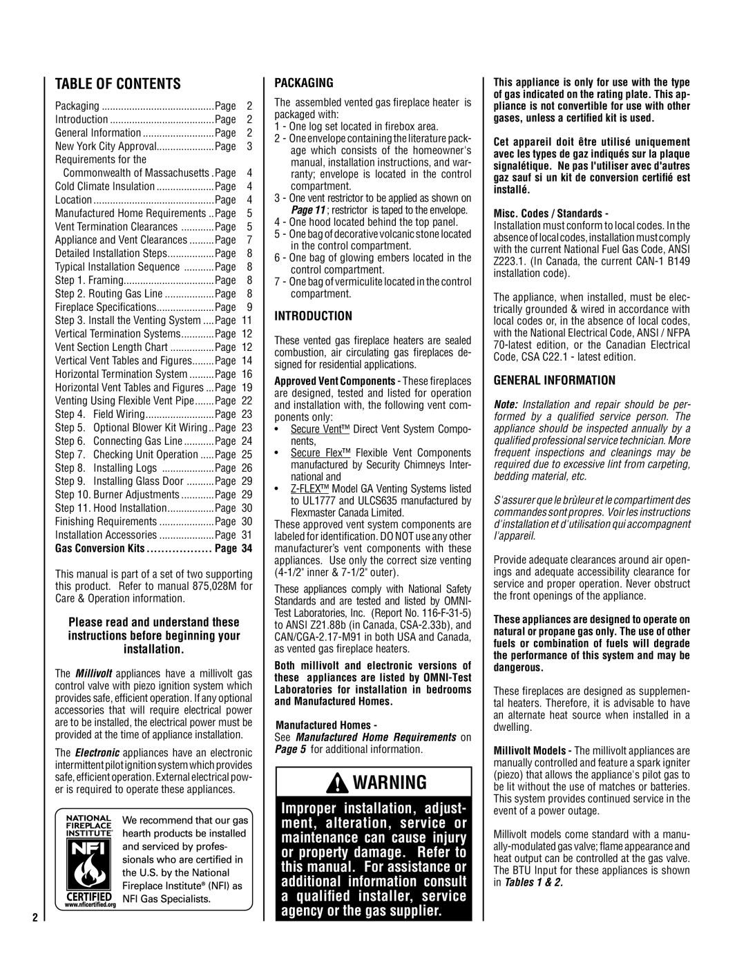 Lennox Hearth LMDVR-3328-CNM, LMDVT-3328-CPM, LMDVT-3328-CNM, LMDVT-3328-CNE, LMDVR-3328-CNE, LMDVR-3328-CPM Table of Contents 