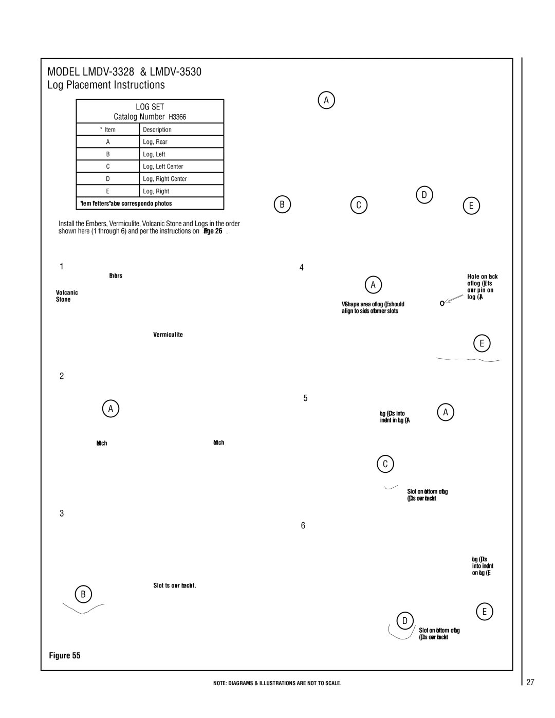 Lennox Hearth LMDV-3530-CNE Log Set, Catalog Number H3366, Shown here 1 through 6 and per the instructions on 