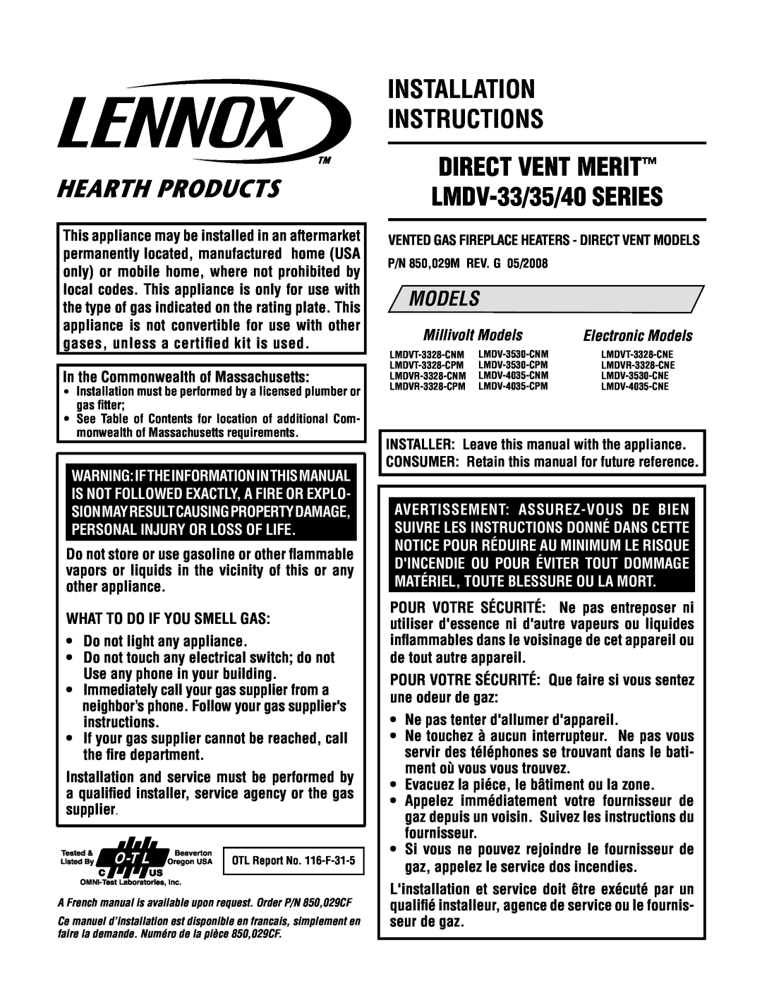 Lennox Hearth LMDVT-3328-CNM installation instructions Installation Instructions Direct Vent Merit, LMDV-33/35/40SERIES 