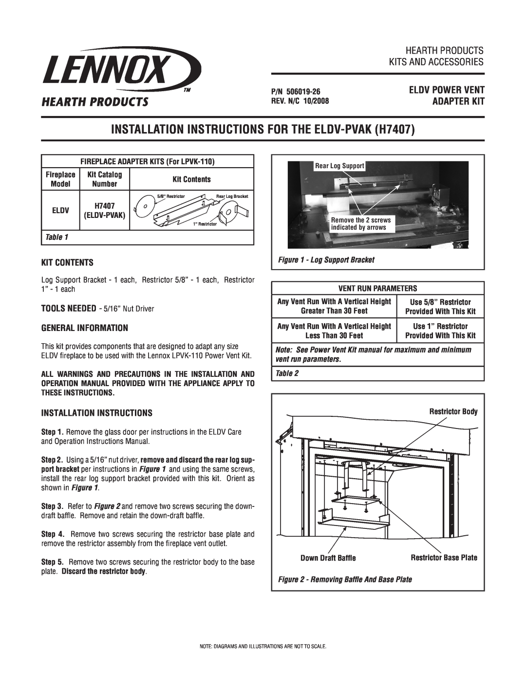 Lennox Hearth LPVK-110 installation instructions Log Support Bracket, Removing Baffle And Base Plate, Kit Contents 