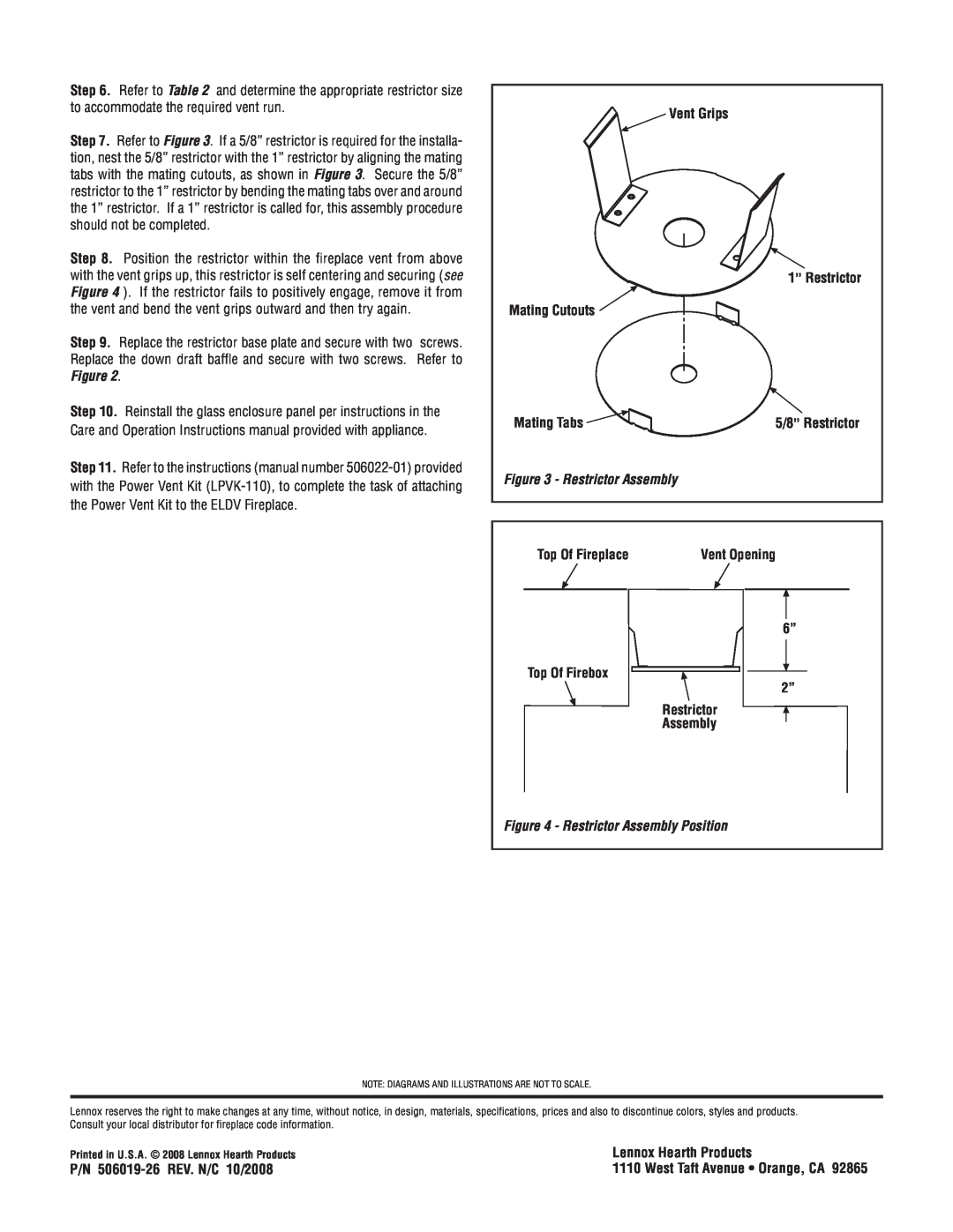 Lennox Hearth LPVK-110 installation instructions Restrictor Assembly Position, Vent Grips 1” restrictor Mating Cutouts 