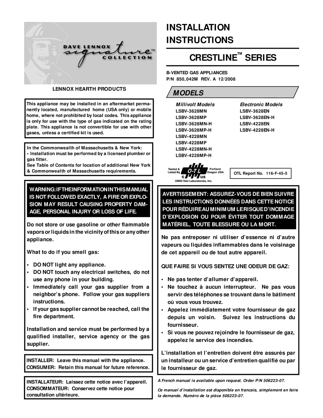 Lennox Hearth LSBV-4228EN installation instructions QUE Faire SI Vous Sentez UNE Odeur DE GAZ, Vented GAS Appliances 