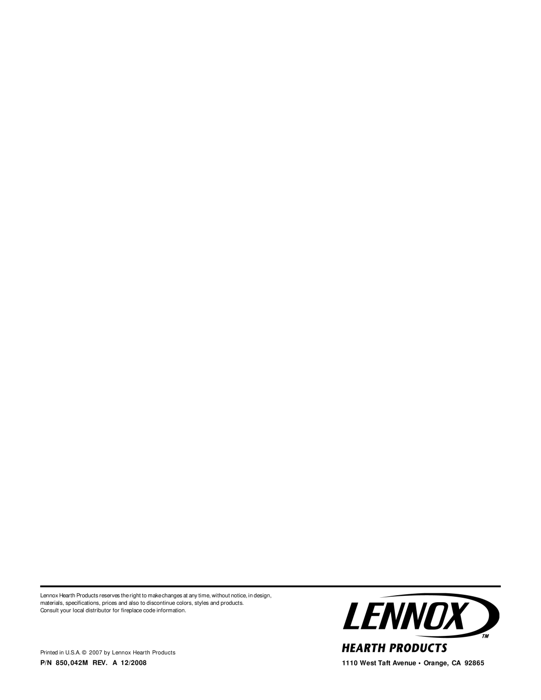 Lennox Hearth LSBV-3628MN-H, LSBV-4228EN, LSBV-4228MN-H, LSBV-3628EN-H, LSBV-4228MP-H, LSBV-3628MP 850,042M REV. a 12/2008 