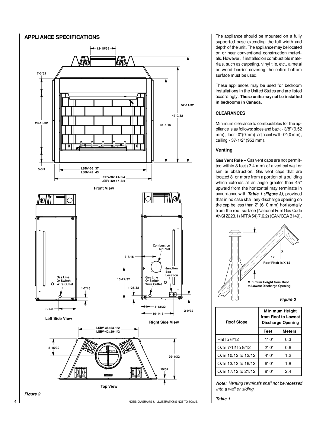 Lennox Hearth LSBV-3628MN-H Appliance Specifications, Clearances, Roof Slope, Feet Meters, Flat to 6/12 Over 7/12 to 9/12 