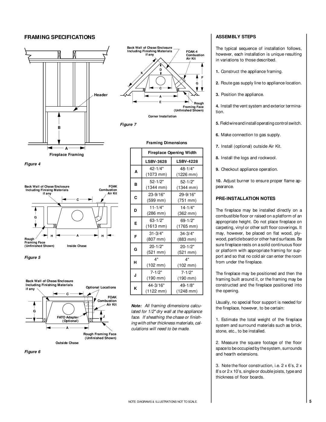 Lennox Hearth LSBV-4228MN, LSBV-4228MP Framing Specifications, Assembly Steps, PRE-INSTALLATION Notes, Framing Dimensions 