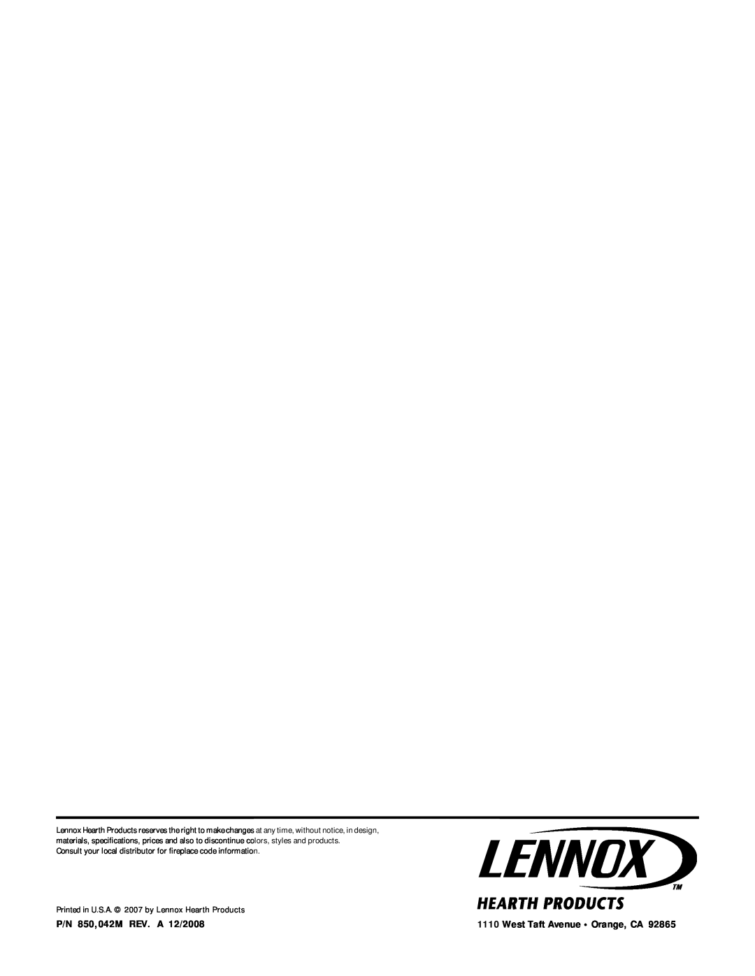 Lennox Hearth LSBV-3628MN-H, LSBV-4228MP, LSBV-4228EN P/N 850,042M REV. A 12/2008, West Taft Avenue • Orange, CA 